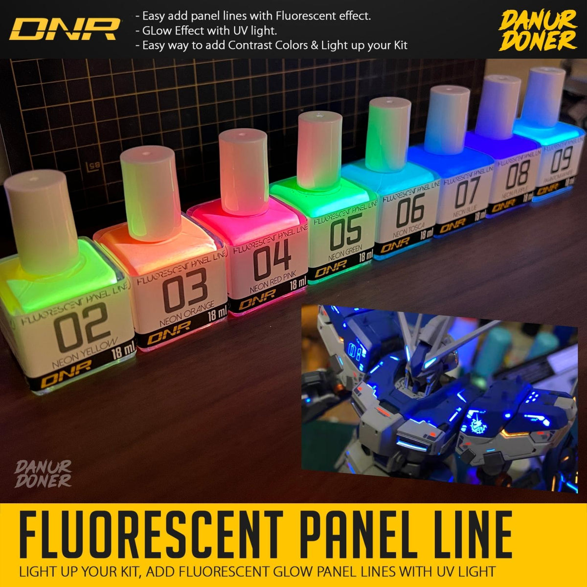 Fluroscent, Pre-Order: QW Model - Fluroscent Panel Liner For plastic model  kits. *Color Option* 1) Base/Cleaner 2) Fluorescent Yellow 3) Fluorescent  Orange 4), By LooLoo Hobby Shop